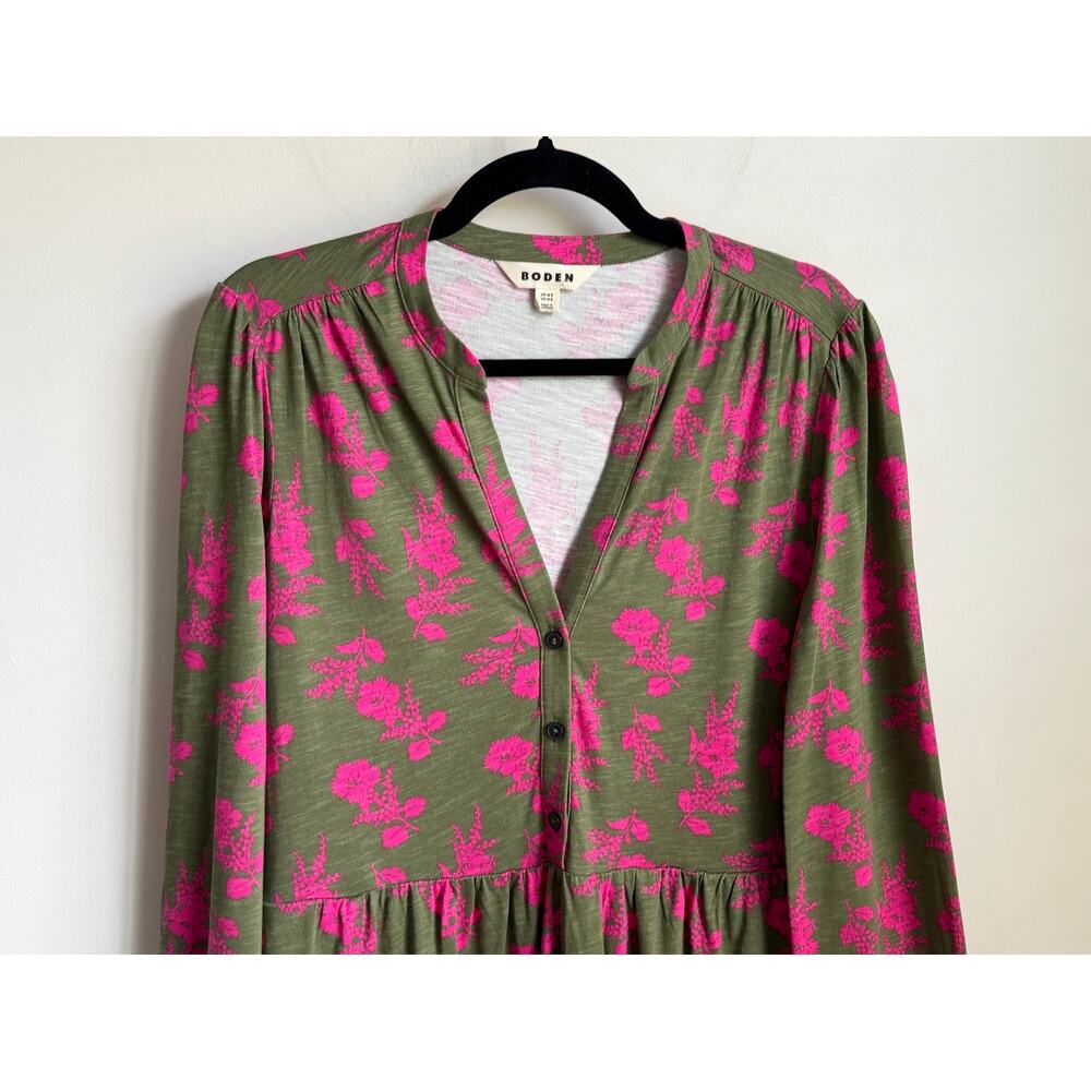 Boden Amy Puff Sleeve V-Neck Jersey Mini Dress Olive Blossomy Spring Womens 12R - Picture 5 of 11